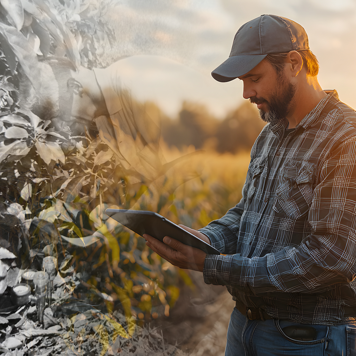 Agricultor revisando datos de riego en huerto al atardecer